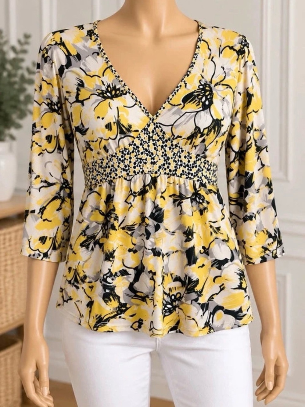 Tailor B. Moss Yellow White Black Floral V-Neck Empire Top